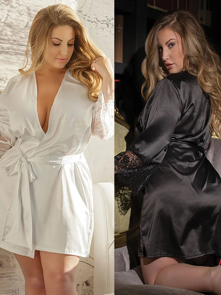 Fashion Women Sexy Silk Dressing Lace Belt Bath Robe Nightwear Female Home Wear Nightdress Lingerie For Ladied