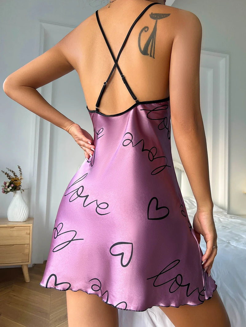 Heart   Letter Print Nightdress  Casual Round Neck Spaghetti Strap Sleep Dress  Women's Sleepwear   Dresses