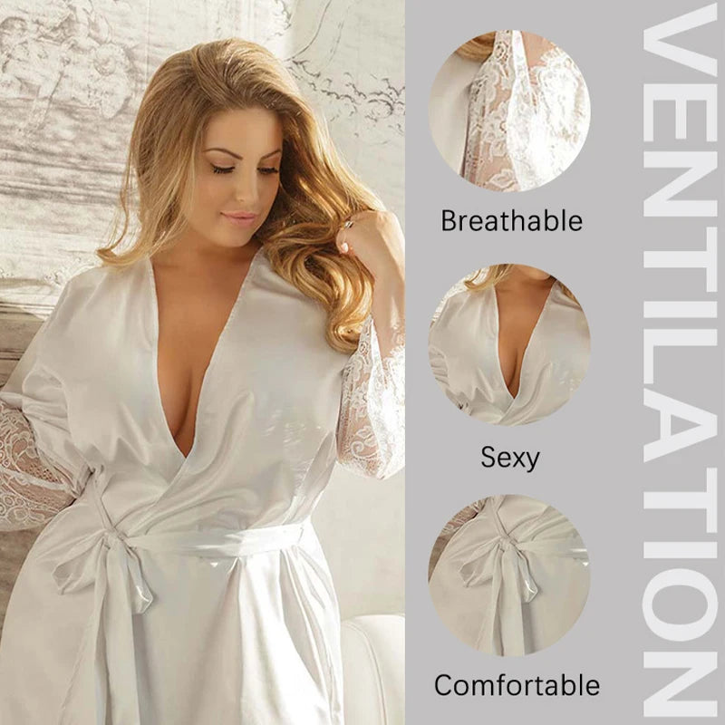 Fashion Women Sexy Silk Dressing Lace Belt Bath Robe Nightwear Female Home Wear Nightdress Lingerie For Ladied