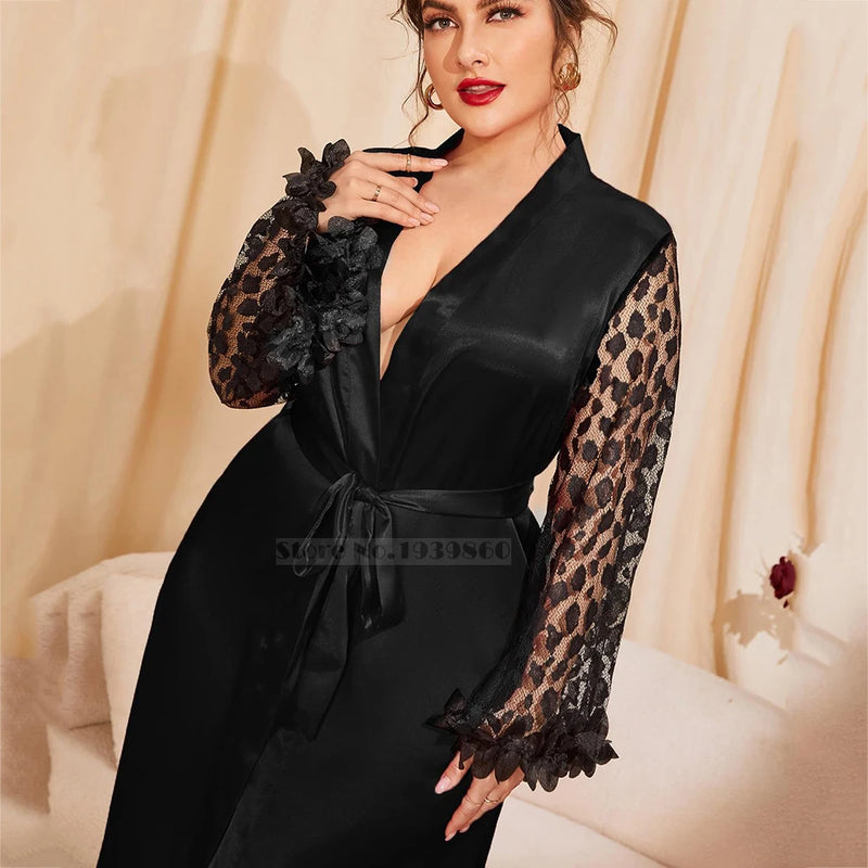 Plus Size 5XL Women Robe Sexy Hollow Out Lace Sleeve Kimono Bathrobe Gown Summer Mid Long Satin Home Dressing Gown Lounge Wear