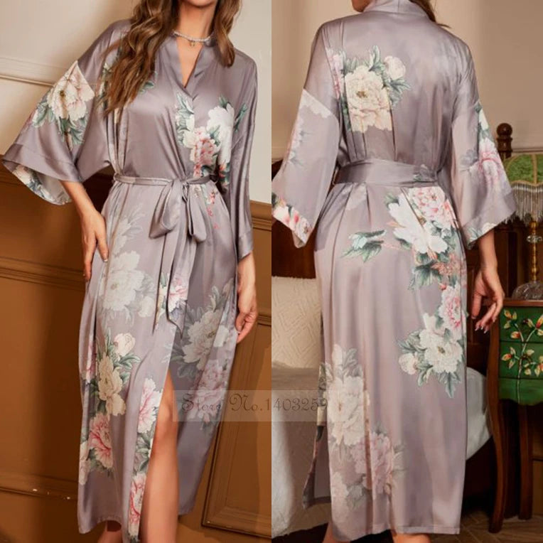 Female Long Robe Nightgown Spring Summer Half Kimono Bathrobe Gown Print Sleepwear Home Dressing Gown Loose Satin Lounge Wear