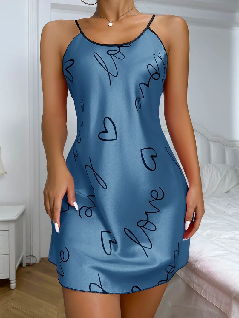 Heart   Letter Print Nightdress  Casual Round Neck Spaghetti Strap Sleep Dress  Women's Sleepwear   Dresses