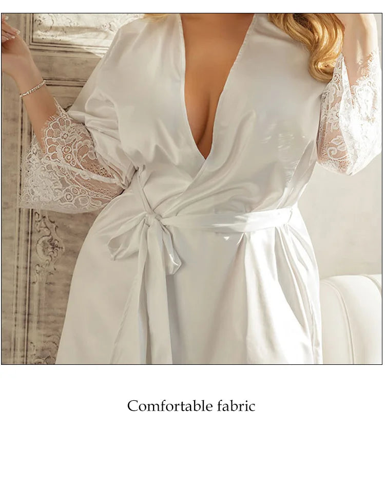 Fashion Women Sexy Silk Dressing Lace Belt Bath Robe Nightwear Female Home Wear Nightdress Lingerie For Ladied