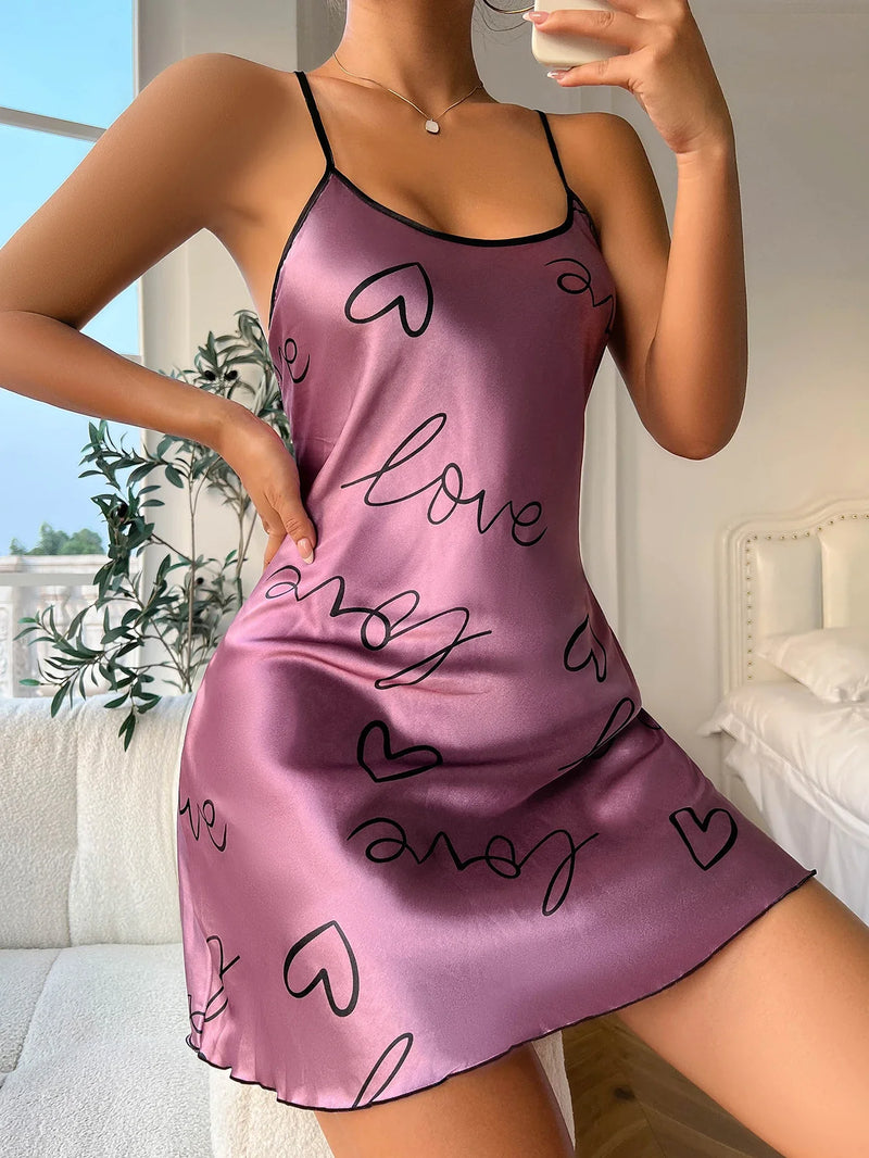 Heart   Letter Print Nightdress  Casual Round Neck Spaghetti Strap Sleep Dress  Women's Sleepwear   Dresses