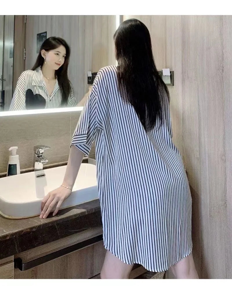 Extra-large Short Nightdress Women Summer 2024 New Loungewear French Thin Shirt Half Sleeve Pajamas Women V-neck Homewear