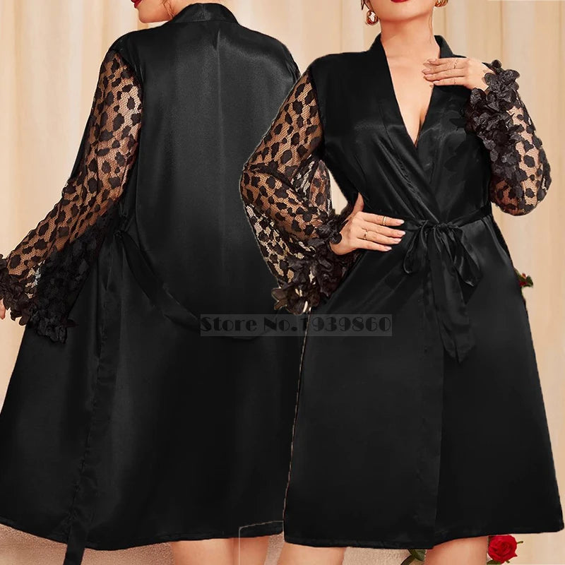 Plus Size 5XL Women Robe Sexy Hollow Out Lace Sleeve Kimono Bathrobe Gown Summer Mid Long Satin Home Dressing Gown Lounge Wear