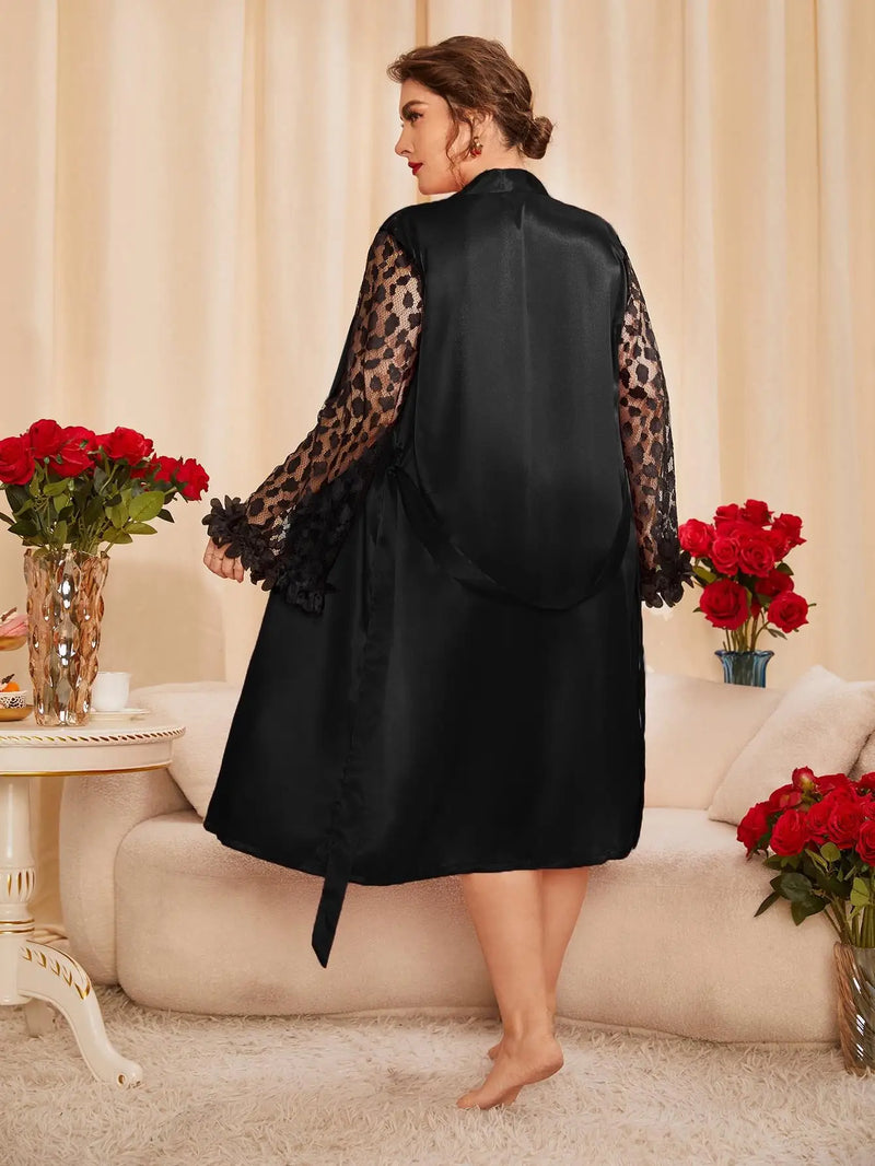 Plus Size 5XL Women Robe Sexy Hollow Out Lace Sleeve Kimono Bathrobe Gown Summer Mid Long Satin Home Dressing Gown Lounge Wear