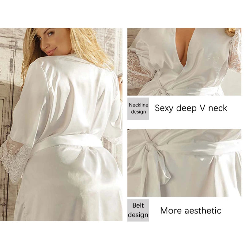 Fashion Women Sexy Silk Dressing Lace Belt Bath Robe Nightwear Female Home Wear Nightdress Lingerie For Ladied