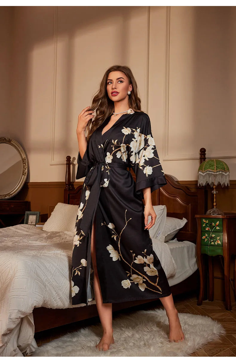 Female Long Robe Nightgown Spring Summer Half Kimono Bathrobe Gown Print Sleepwear Home Dressing Gown Loose Satin Lounge Wear