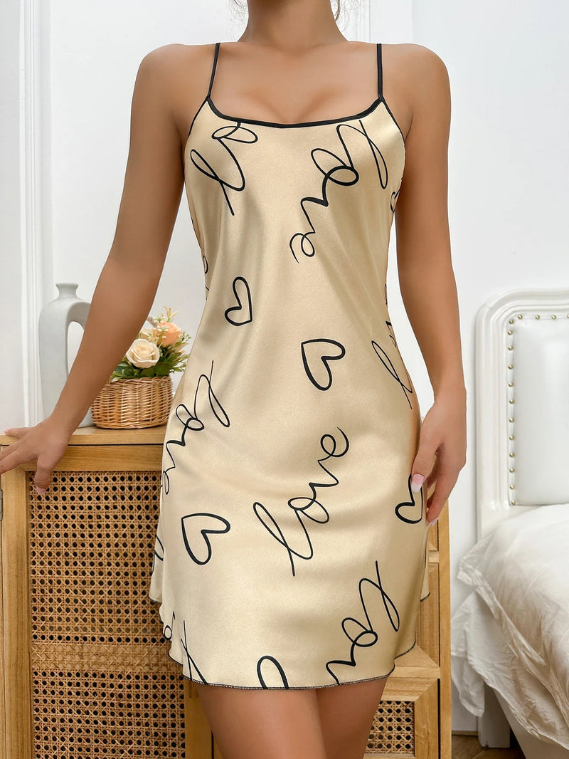 Heart   Letter Print Nightdress  Casual Round Neck Spaghetti Strap Sleep Dress  Women's Sleepwear   Dresses