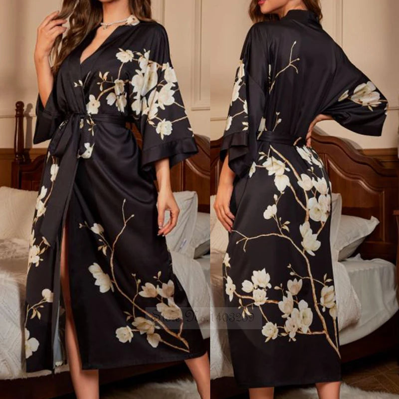 Female Long Robe Nightgown Spring Summer Half Kimono Bathrobe Gown Print Sleepwear Home Dressing Gown Loose Satin Lounge Wear