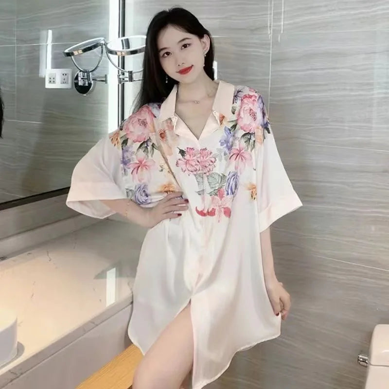 Extra-large Short Nightdress Women Summer 2024 New Loungewear French Thin Shirt Half Sleeve Pajamas Women V-neck Homewear