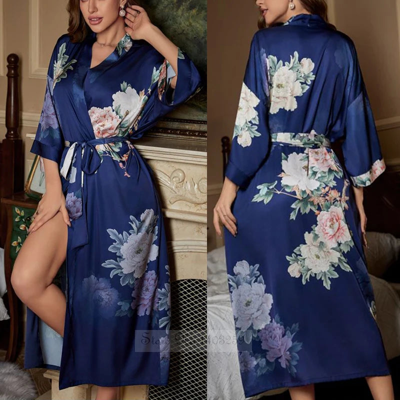 Female Long Robe Nightgown Spring Summer Half Kimono Bathrobe Gown Print Sleepwear Home Dressing Gown Loose Satin Lounge Wear