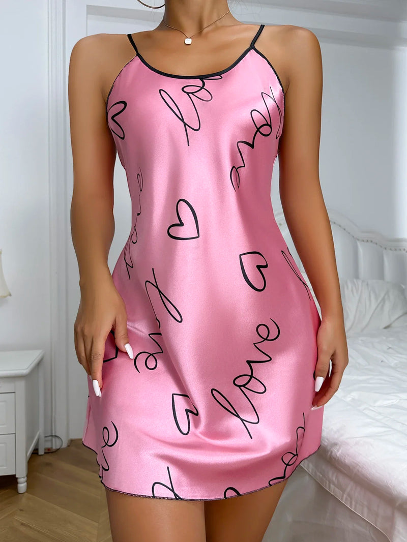 Heart   Letter Print Nightdress  Casual Round Neck Spaghetti Strap Sleep Dress  Women's Sleepwear   Dresses