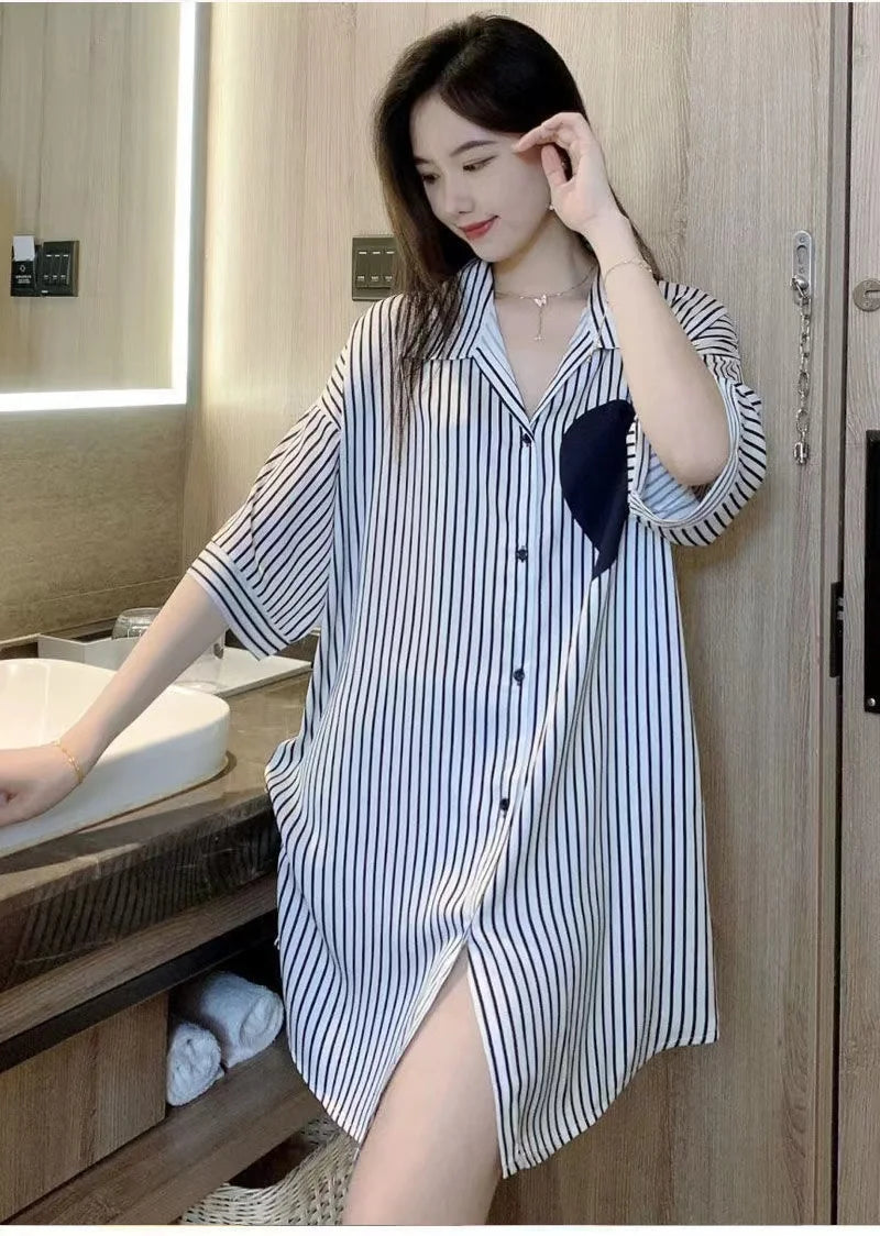 Extra-large Short Nightdress Women Summer 2024 New Loungewear French Thin Shirt Half Sleeve Pajamas Women V-neck Homewear