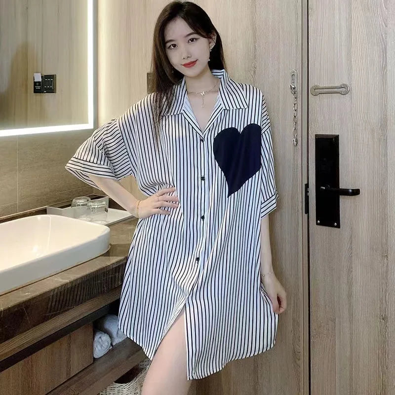 Extra-large Short Nightdress Women Summer 2024 New Loungewear French Thin Shirt Half Sleeve Pajamas Women V-neck Homewear