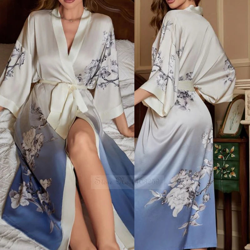 Female Long Robe Nightgown Spring Summer Half Kimono Bathrobe Gown Print Sleepwear Home Dressing Gown Loose Satin Lounge Wear