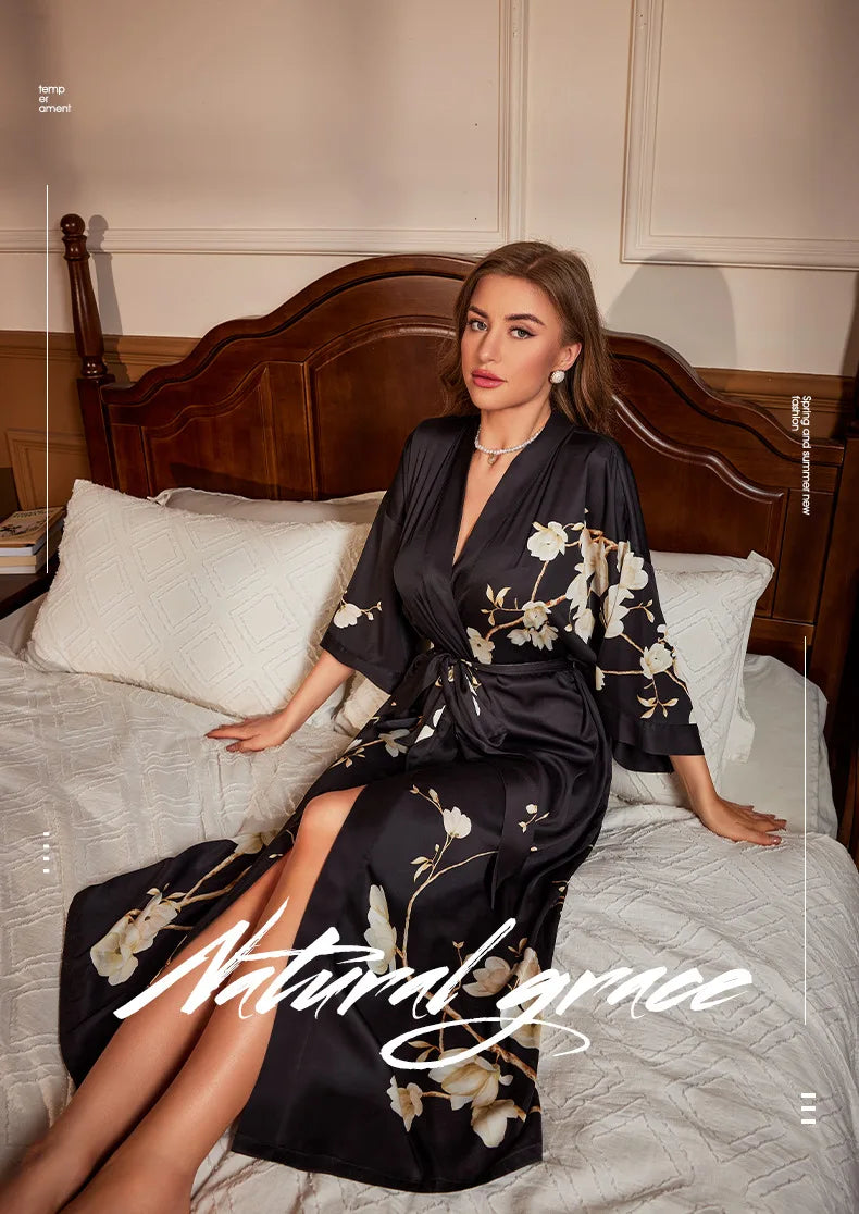 Female Long Robe Nightgown Spring Summer Half Kimono Bathrobe Gown Print Sleepwear Home Dressing Gown Loose Satin Lounge Wear